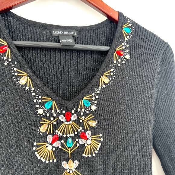 Lauren Michelle Womens Size Small Beaded Christmas Artsy Blouse Shirt Top Party - Picture 2 of 7